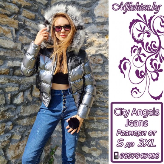 Дамско пухено яке с качулка, City Angels Jeans, Сребрист лак, 6822